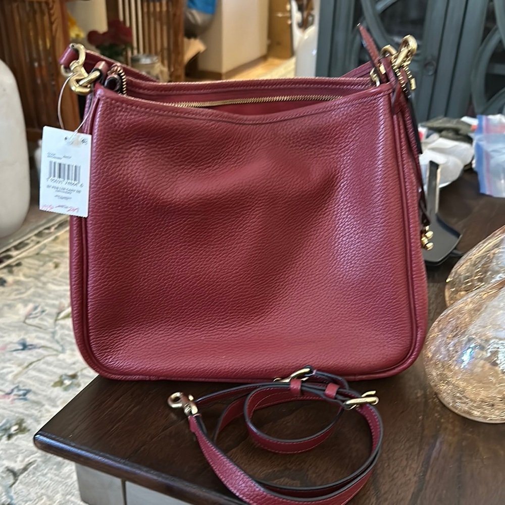 Red Hobo Bag with Gold Hardware and Adjustable Strap
Coach Carrie.